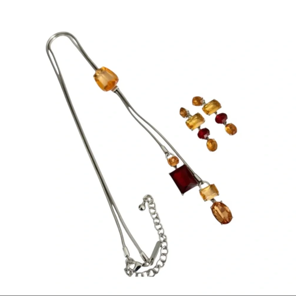 WHBM Crystal Necklace and Earring Set Ruby Red Topaz Brown Gold Silver
